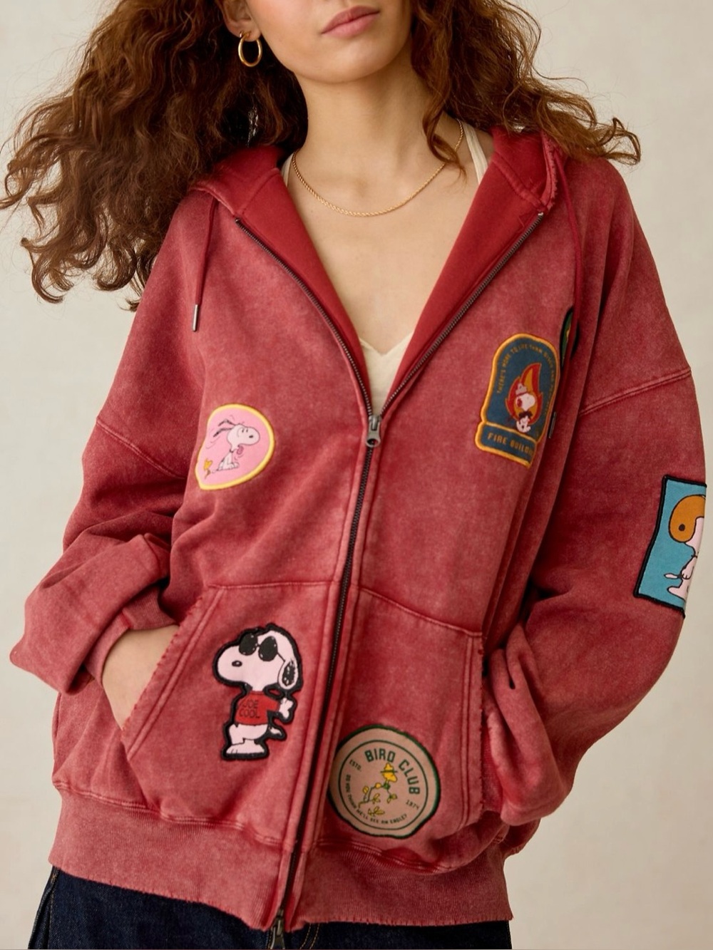 Peanuts UO Exclusive Dusty Patch Graphic Oversized Zip-Up Hoodie Sweatshirt XS